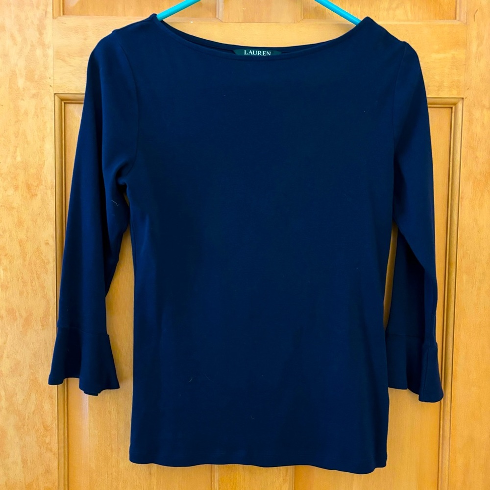 Lauren Ralph Lauren Navy Blue 3/4 Length Bell Sleeved Top - Medium